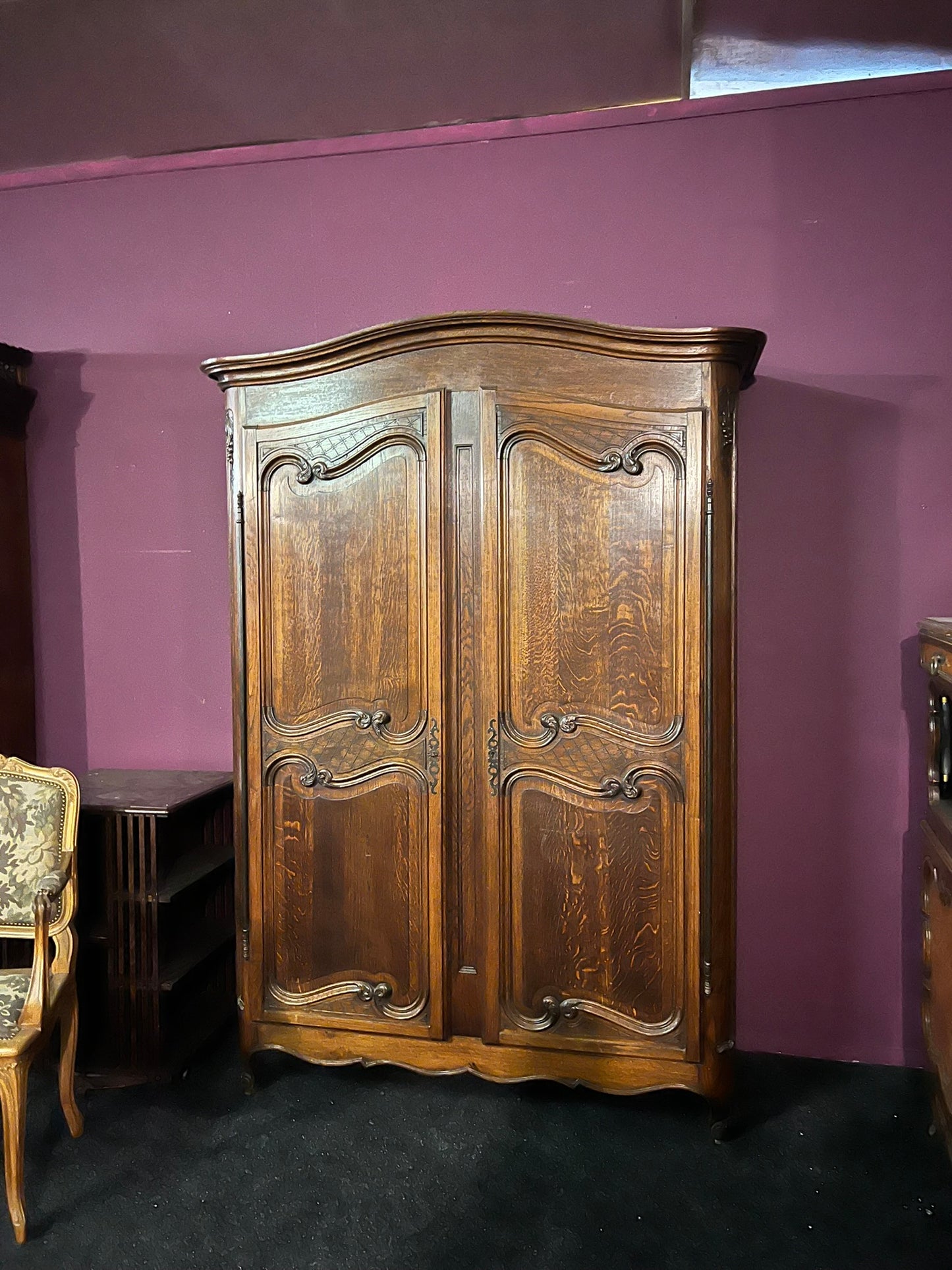 Antique French Louis XV Oak Armoire with Carved Panels