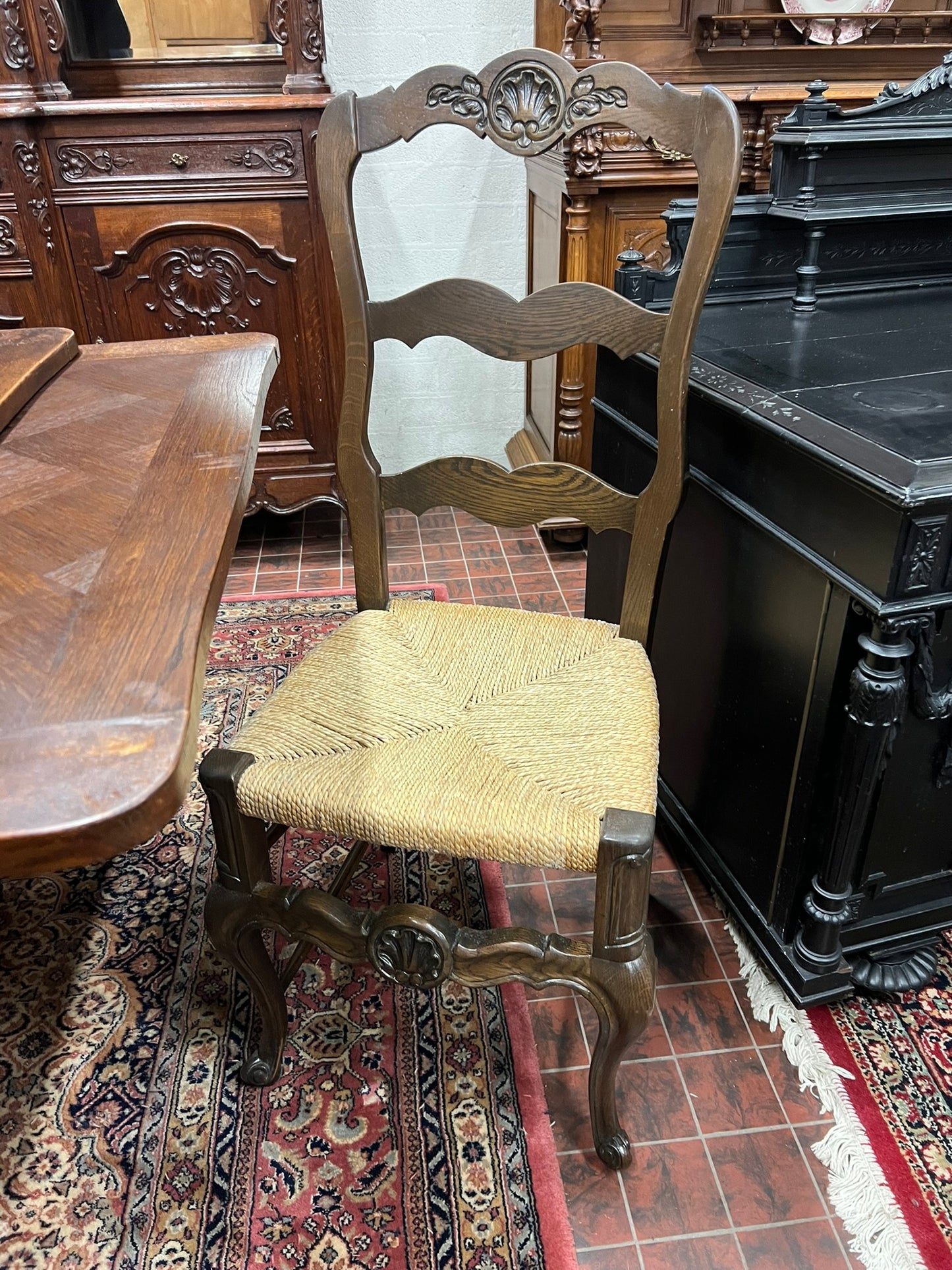 Antique French Oak Parquet Dining Table with Pull-Out Leaves & 6 Rush Seat Chairs