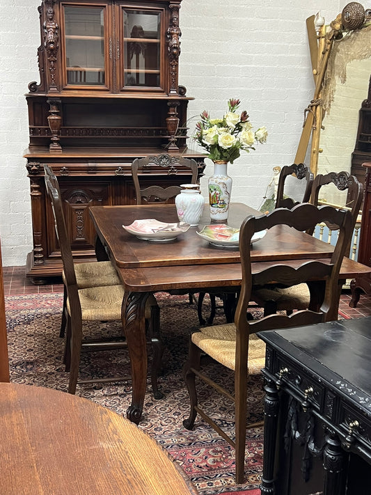 Antique French Oak Parquet Dining Table with Pull-Out Leaves & 6 Rush Seat Chairs
