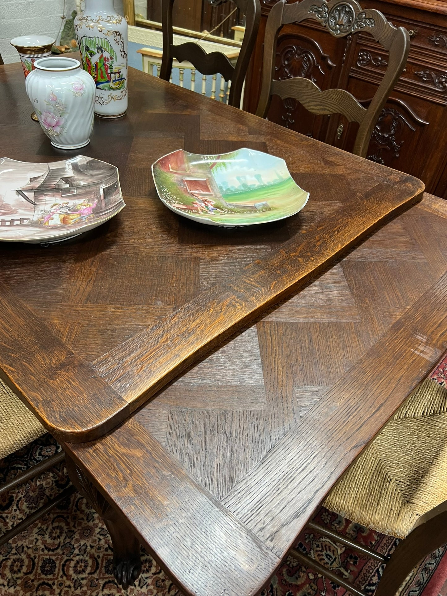 Antique French Oak Parquet Dining Table with Pull-Out Leaves & 6 Rush Seat Chairs