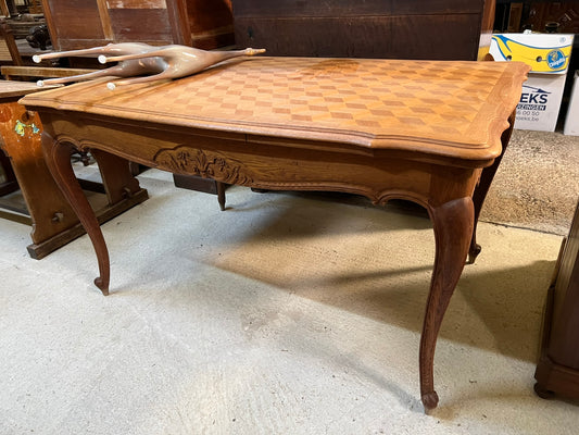 Vintage Belgian Oak Parquet Dining Table with Hidden Extension Leaves