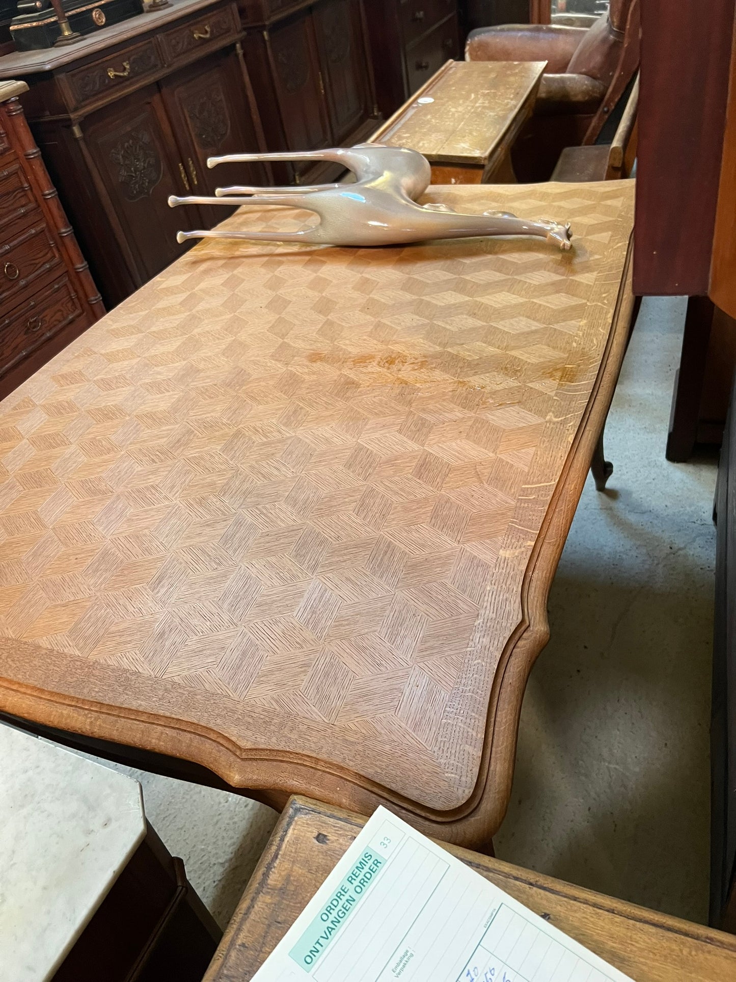 Vintage Belgian Oak Parquet Dining Table with Hidden Extension Leaves
