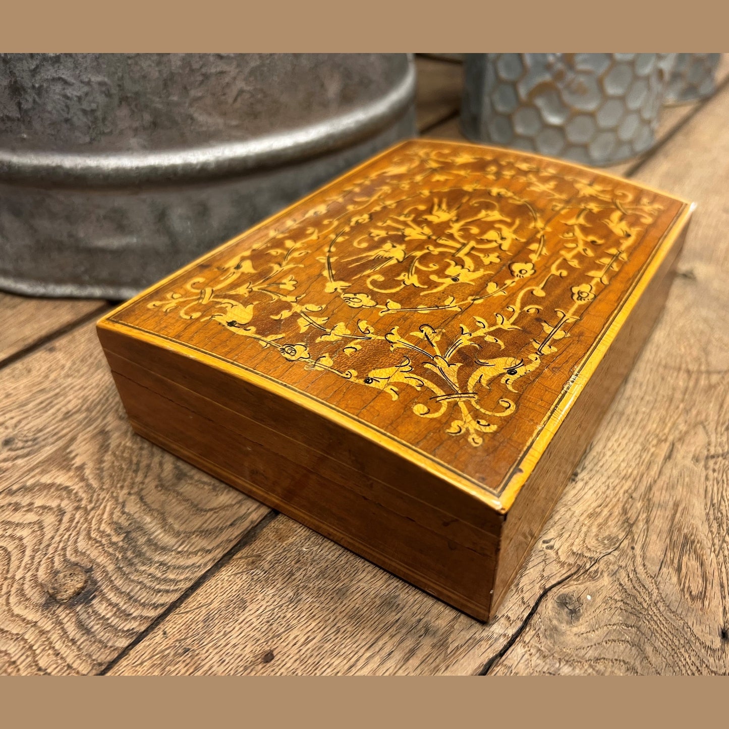 Vintage European Marquetry Playing Card Box with Divided Interior