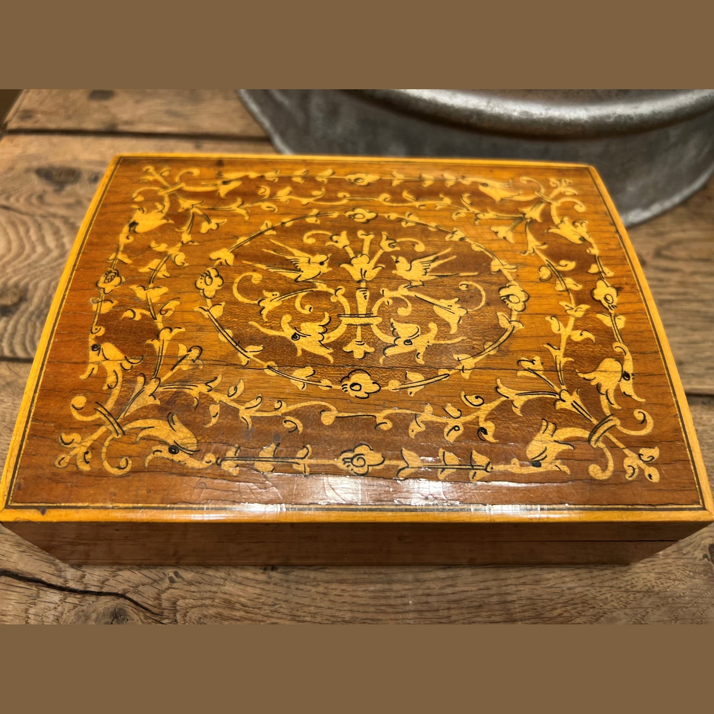 Vintage European Marquetry Playing Card Box with Divided Interior