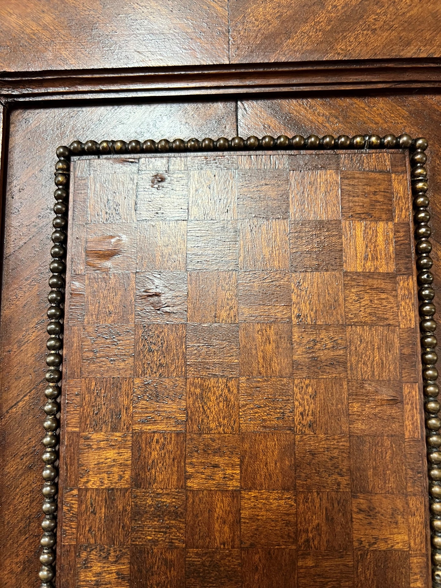 Antique French Walnut Louis XIV Parquet Armoire with Mirror & Brass Inlay, circa 1890
