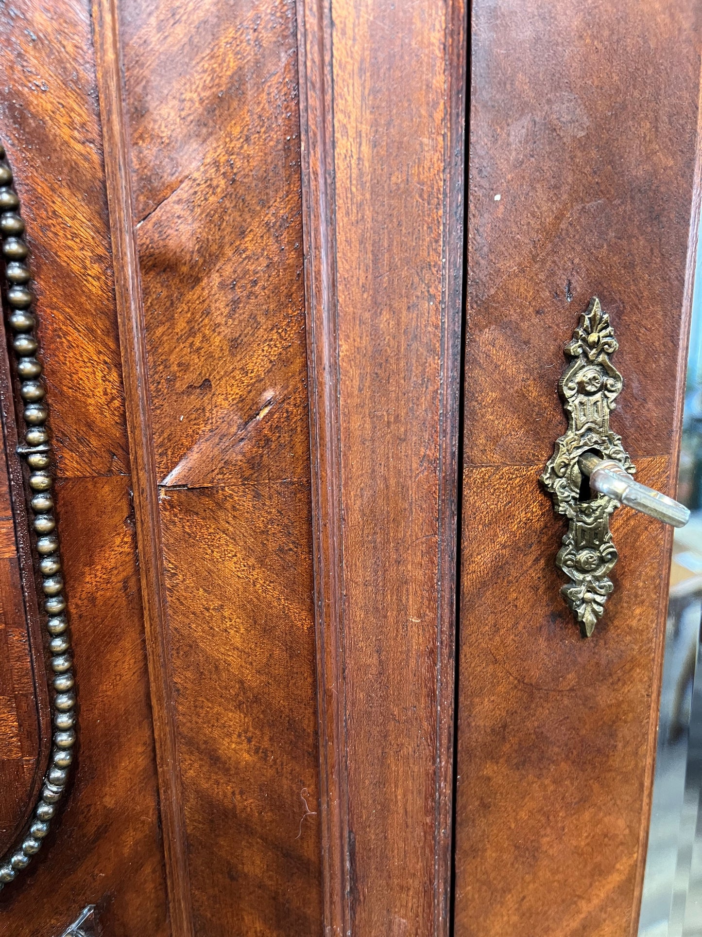 Antique French Walnut Louis XIV Parquet Armoire with Mirror & Brass Inlay, circa 1890