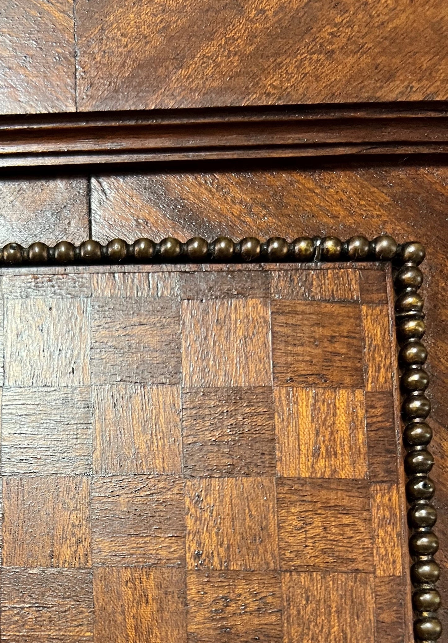 Antique French Walnut Louis XIV Parquet Armoire with Mirror & Brass Inlay, circa 1890