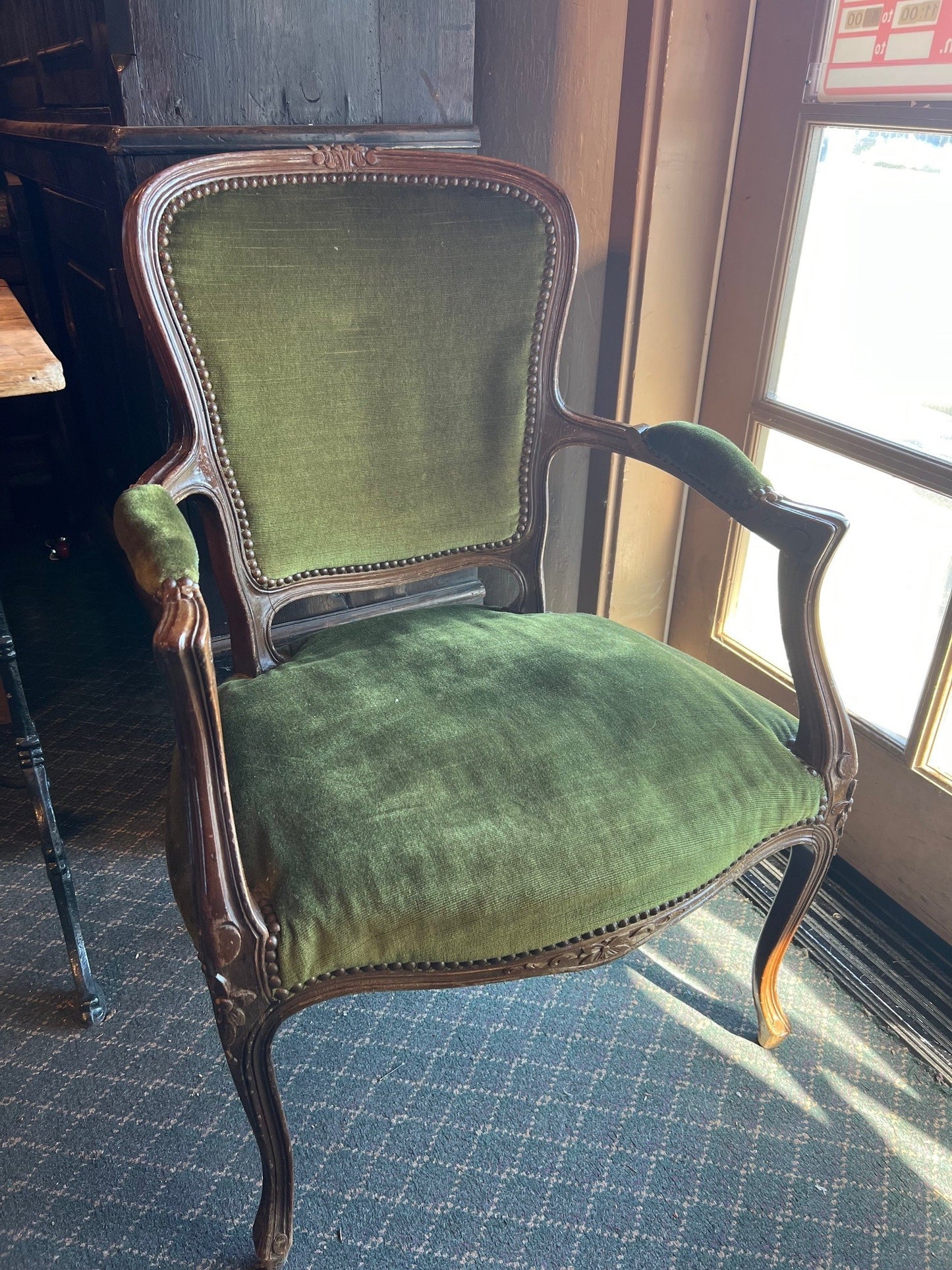 Vintage Belgian Armchair with green velvet fabric