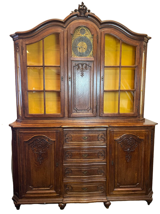 Antique French Oak Hutch with Clock & Carved Details, Early 1900s