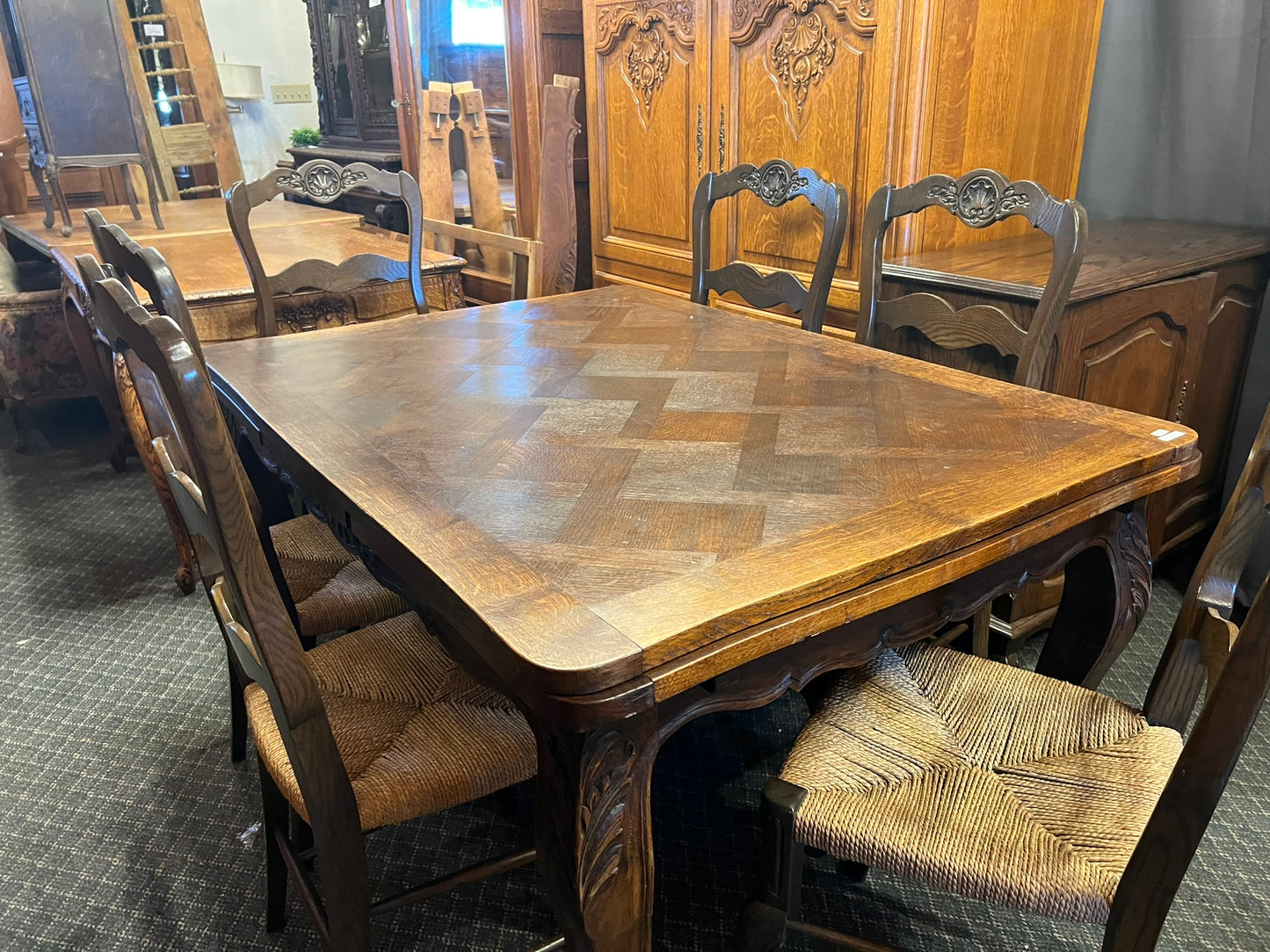 French Oak Parquet Dining Table with Pull-Out Leaves & Six Rush Seat Chairs