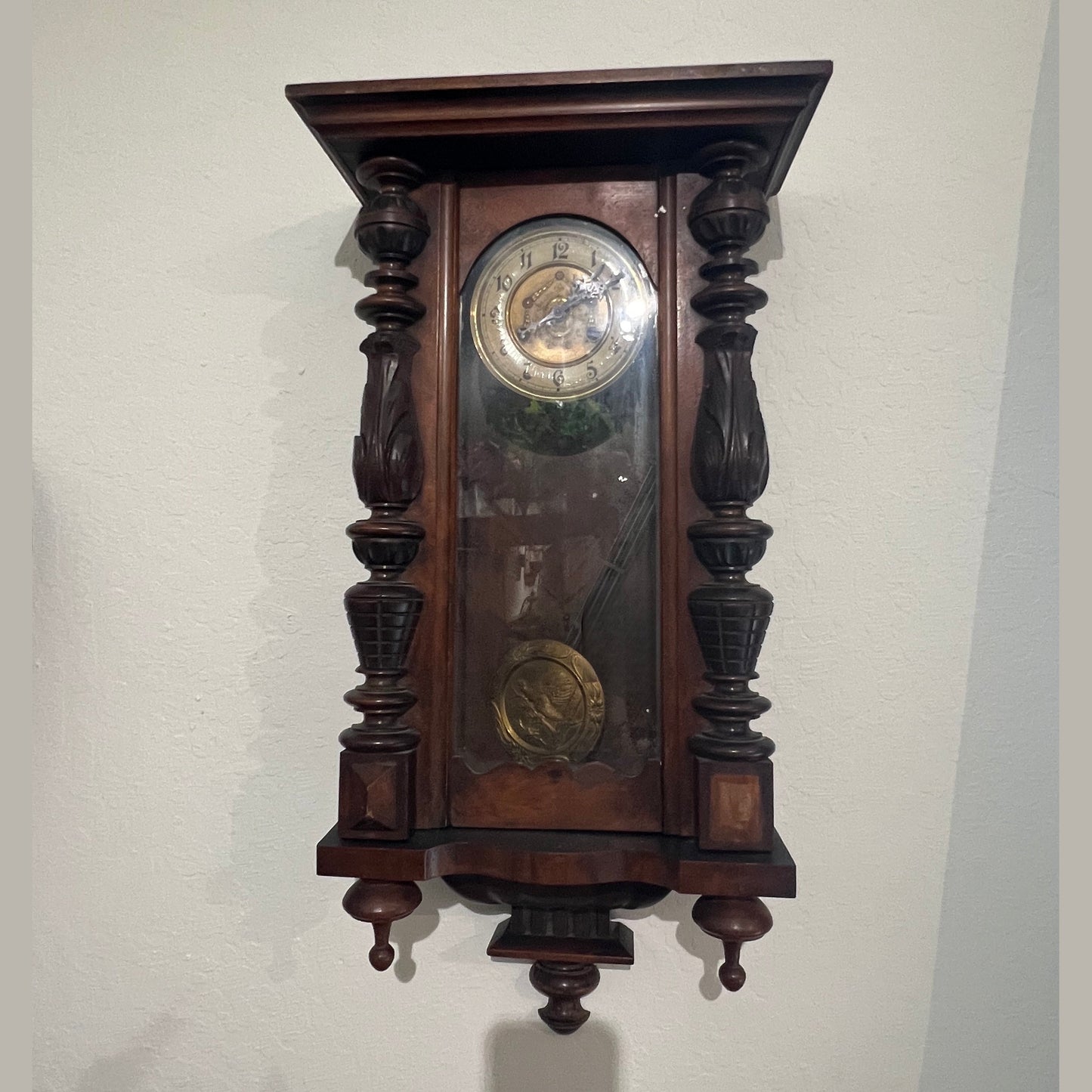 Antique European Walnut Wall Clock with Porcelain Dial, Circa 1900 #382