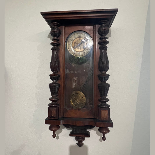 Antique European Walnut Wall Clock with Porcelain Dial, Circa 1900 #382