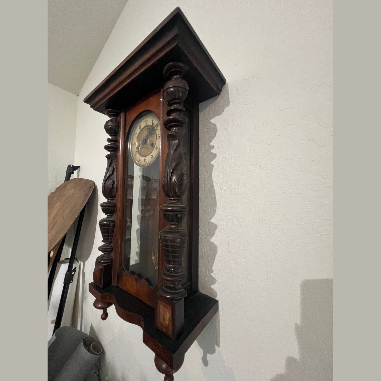 Antique European Walnut Wall Clock with Porcelain Dial, Circa 1900 #382