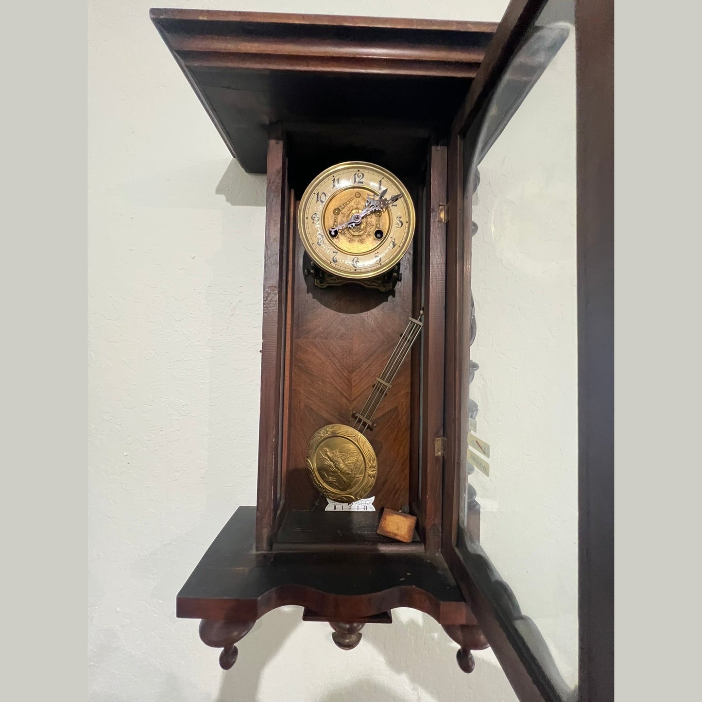 Antique European Walnut Wall Clock with Porcelain Dial, Circa 1900 #382