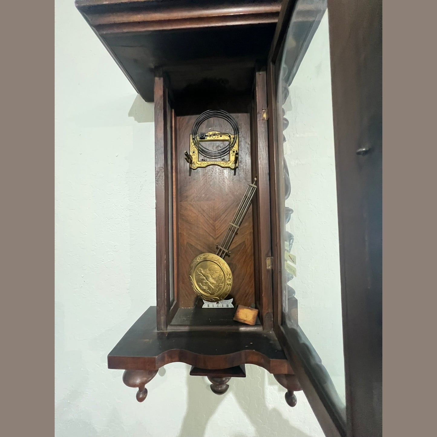 Antique European Walnut Wall Clock with Porcelain Dial, Circa 1900 #382