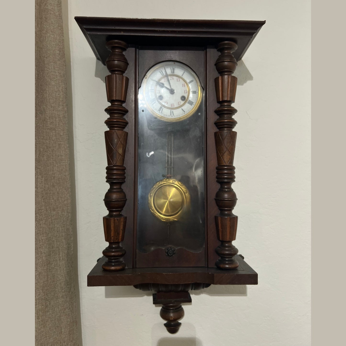 Antique European Walnut Wall Clock with Porcelain Dial, Circa 1900  #370