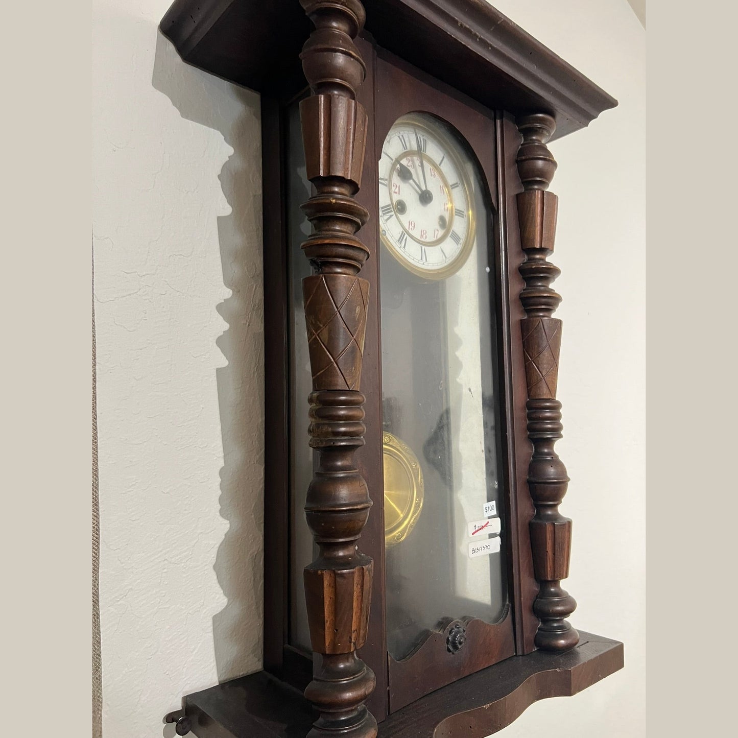 Antique European Walnut Wall Clock with Porcelain Dial, Circa 1900  #370