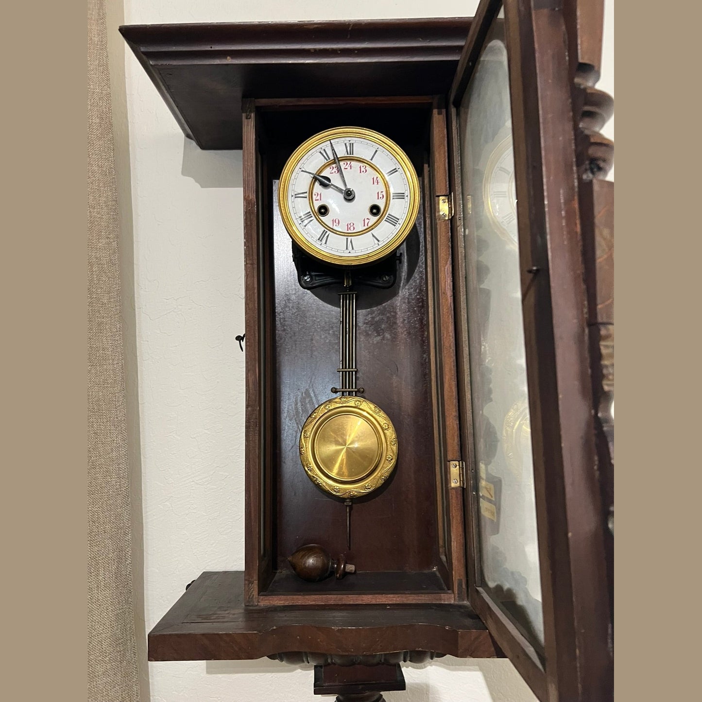 Antique European Walnut Wall Clock with Porcelain Dial, Circa 1900  #370