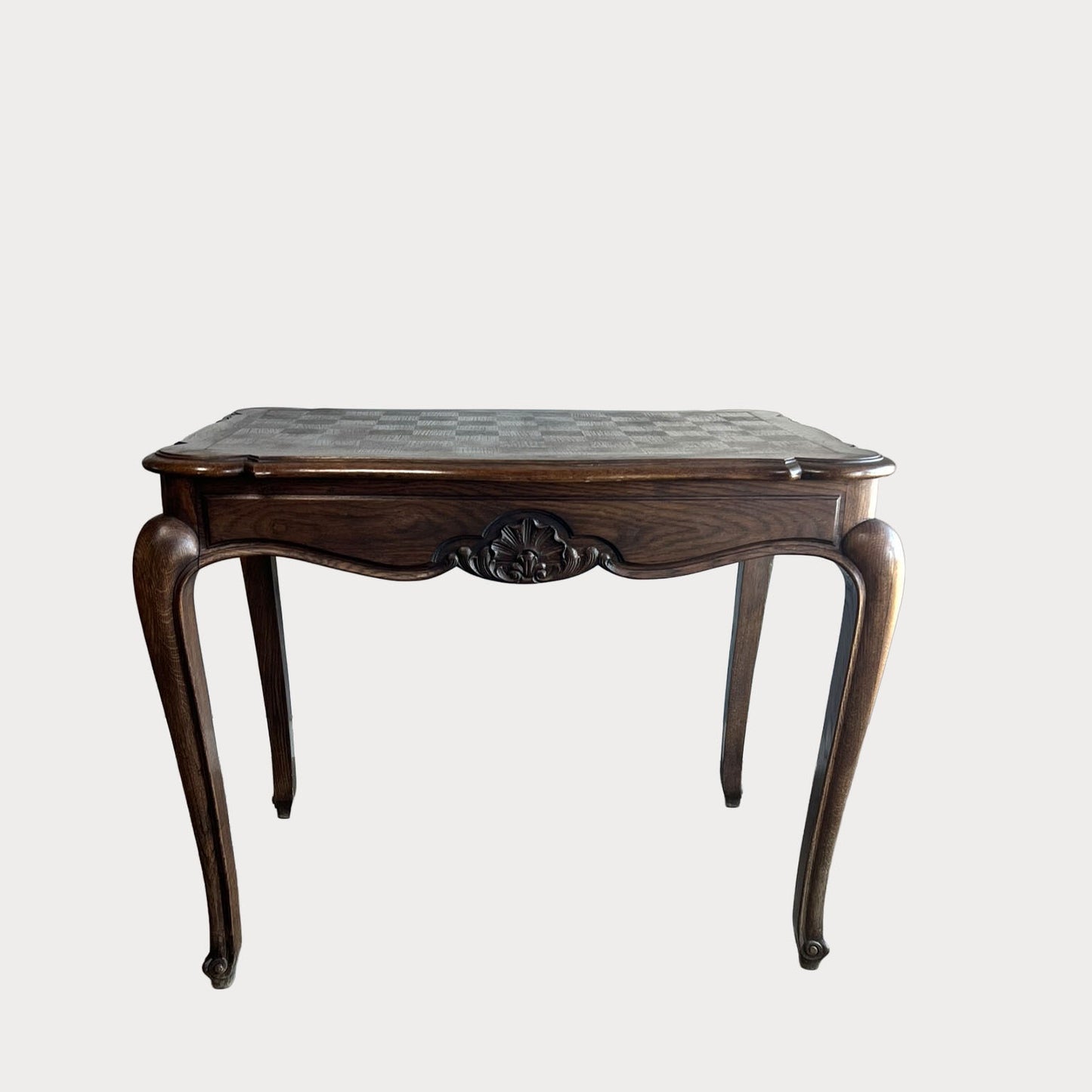 Vintage French Oak Parquet Side Table with Carved Details