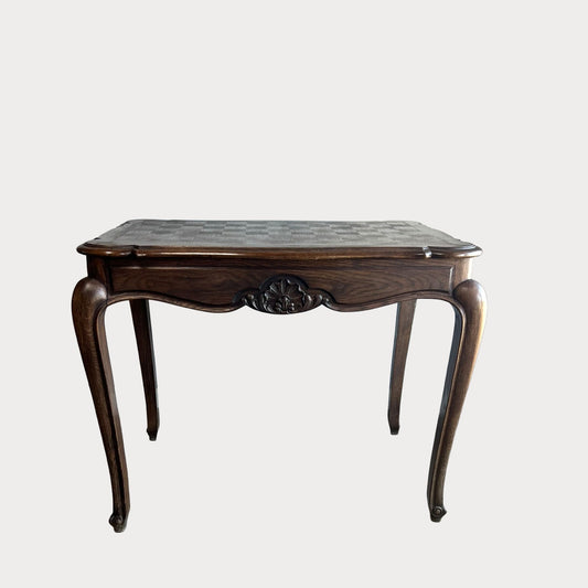 Vintage French Oak Parquet Side Table with Carved Details