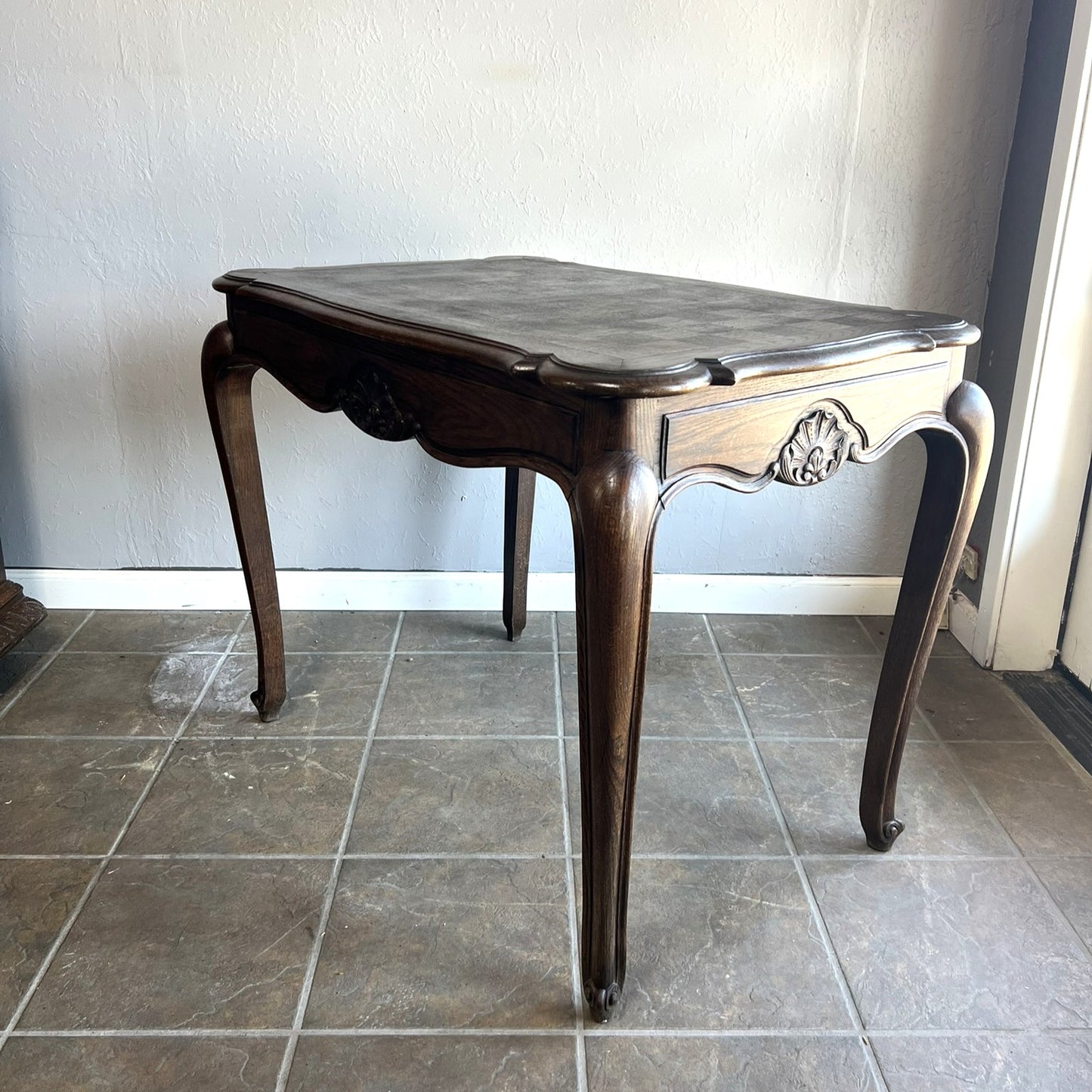 Vintage French Oak Parquet Side Table with Carved Details