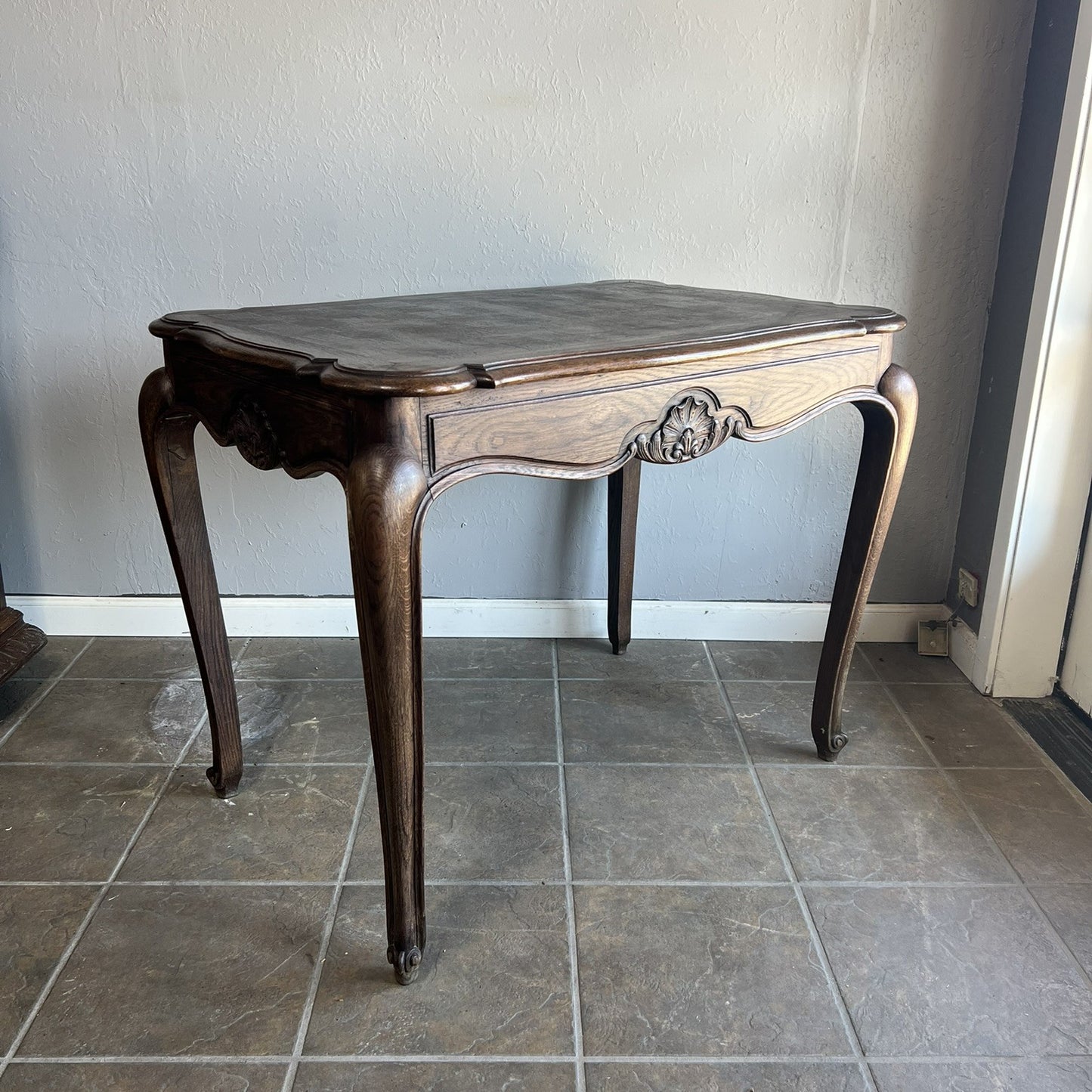 Vintage French Oak Parquet Side Table with Carved Details