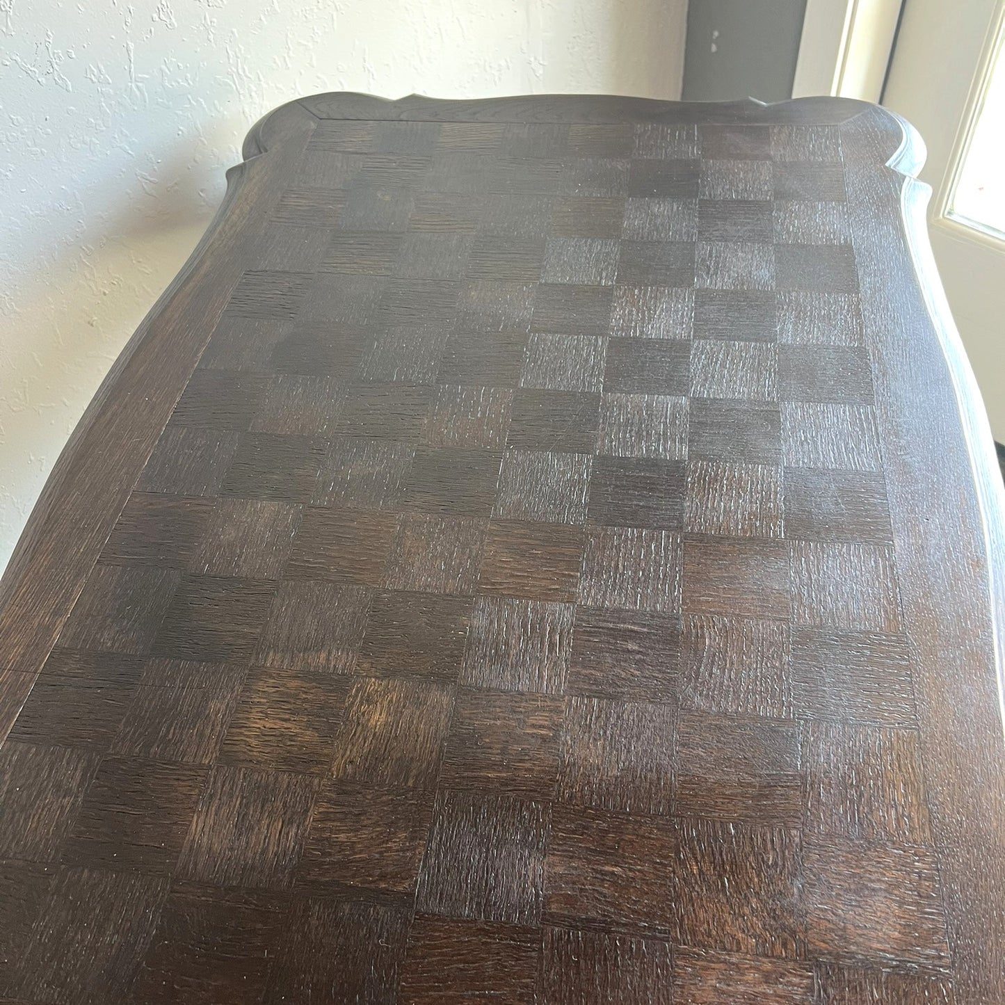 Vintage French Oak Parquet Side Table with Carved Details