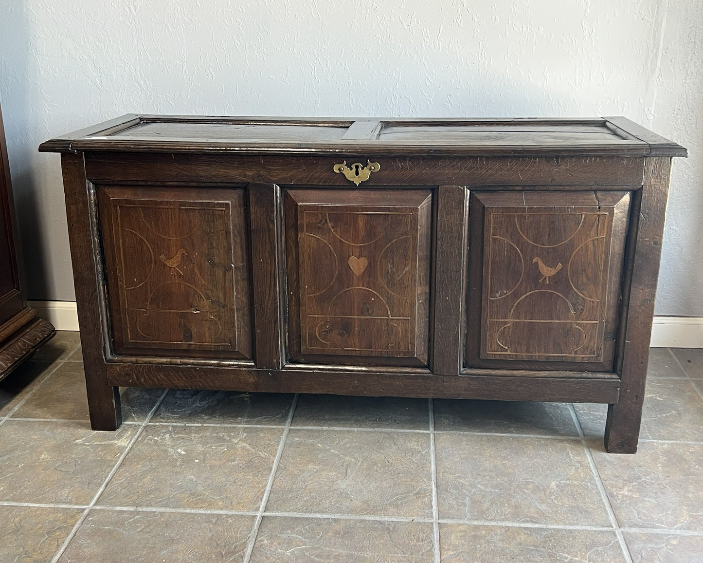 French Oak Inlaid Blanket Trunk with Heart & Dove Motifs