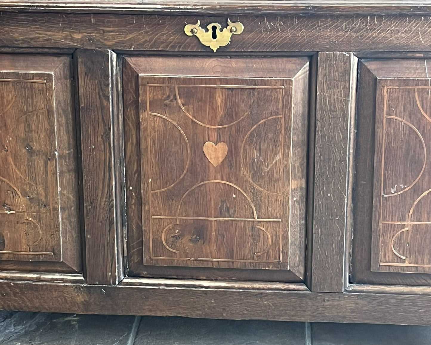 Antique French Oak Inlaid Blanket Trunk with Heart & Dove Motifs
