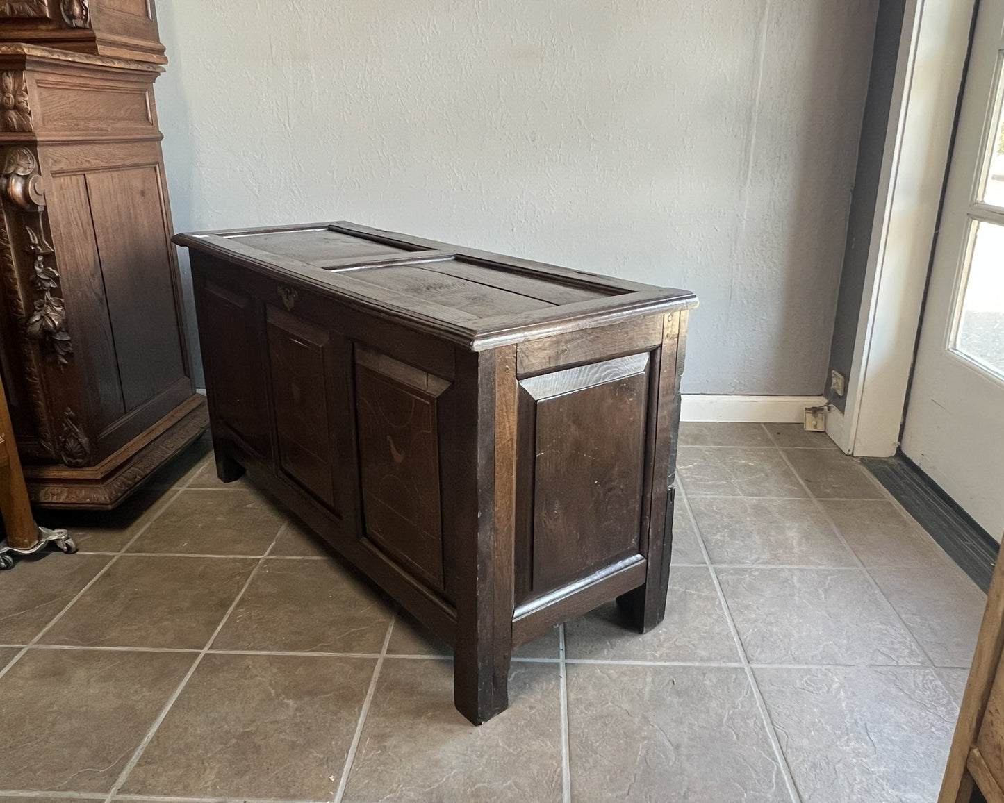 Antique French Oak Inlaid Blanket Trunk with Heart & Dove Motifs