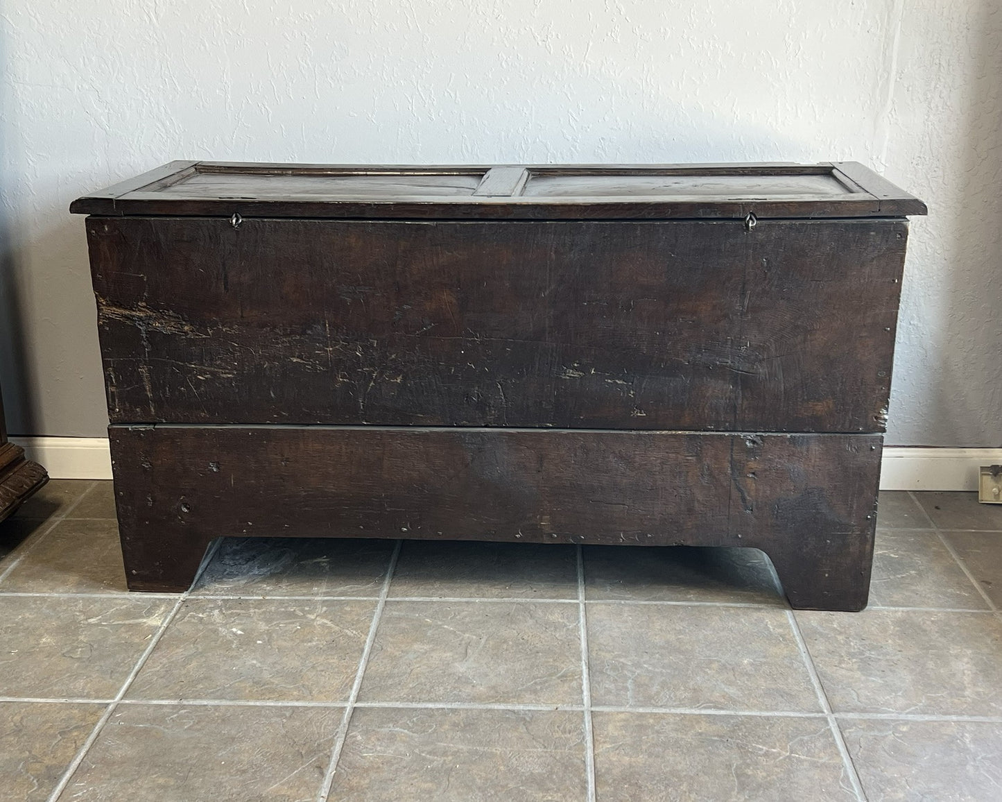 Antique French Oak Inlaid Blanket Trunk with Heart & Dove Motifs