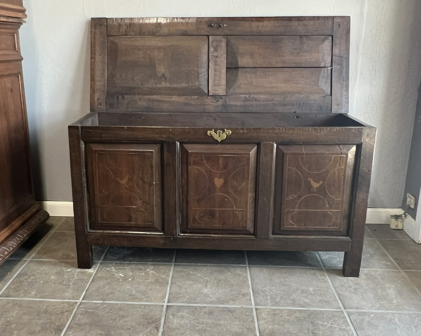 Antique French Oak Inlaid Blanket Trunk with Heart & Dove Motifs