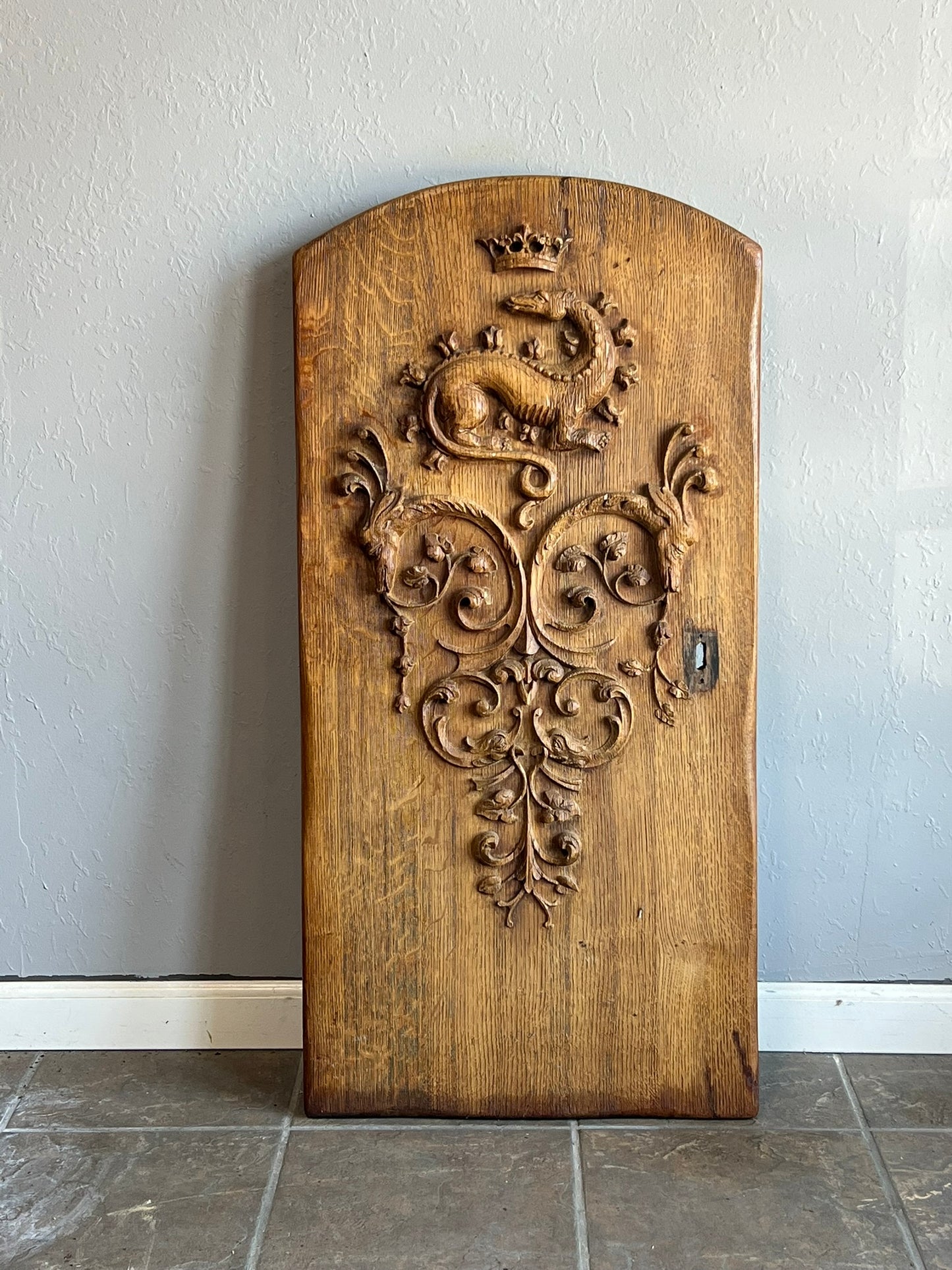 Antique French Oak Window Shutter with Dragon Crest Carving, 19th Century