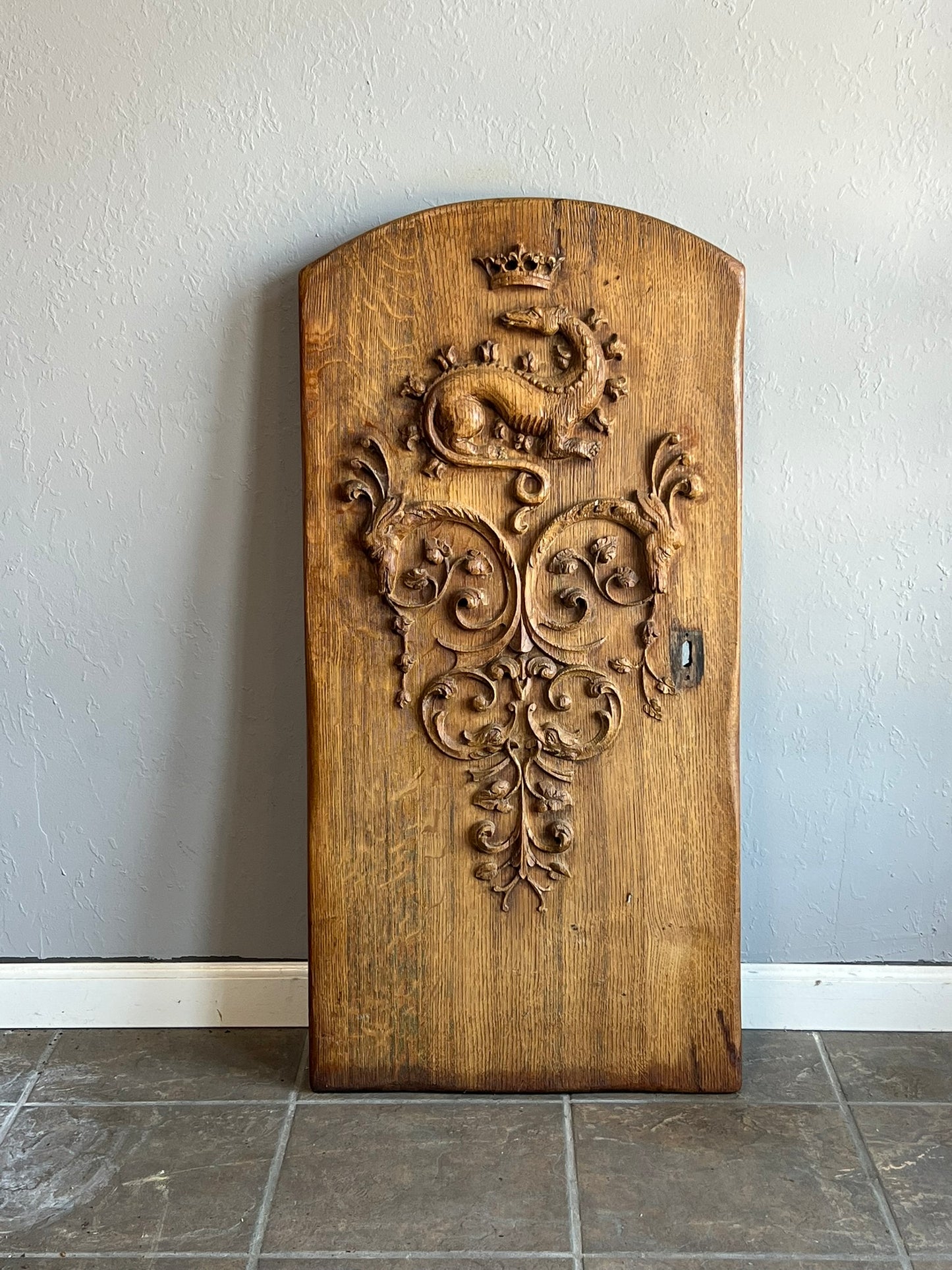 Antique French Oak Window Shutter with Dragon Crest Carving, 19th Century
