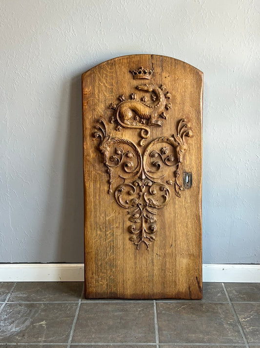 Antique French Oak Window Shutter with Dragon Crest Carving, 19th Century