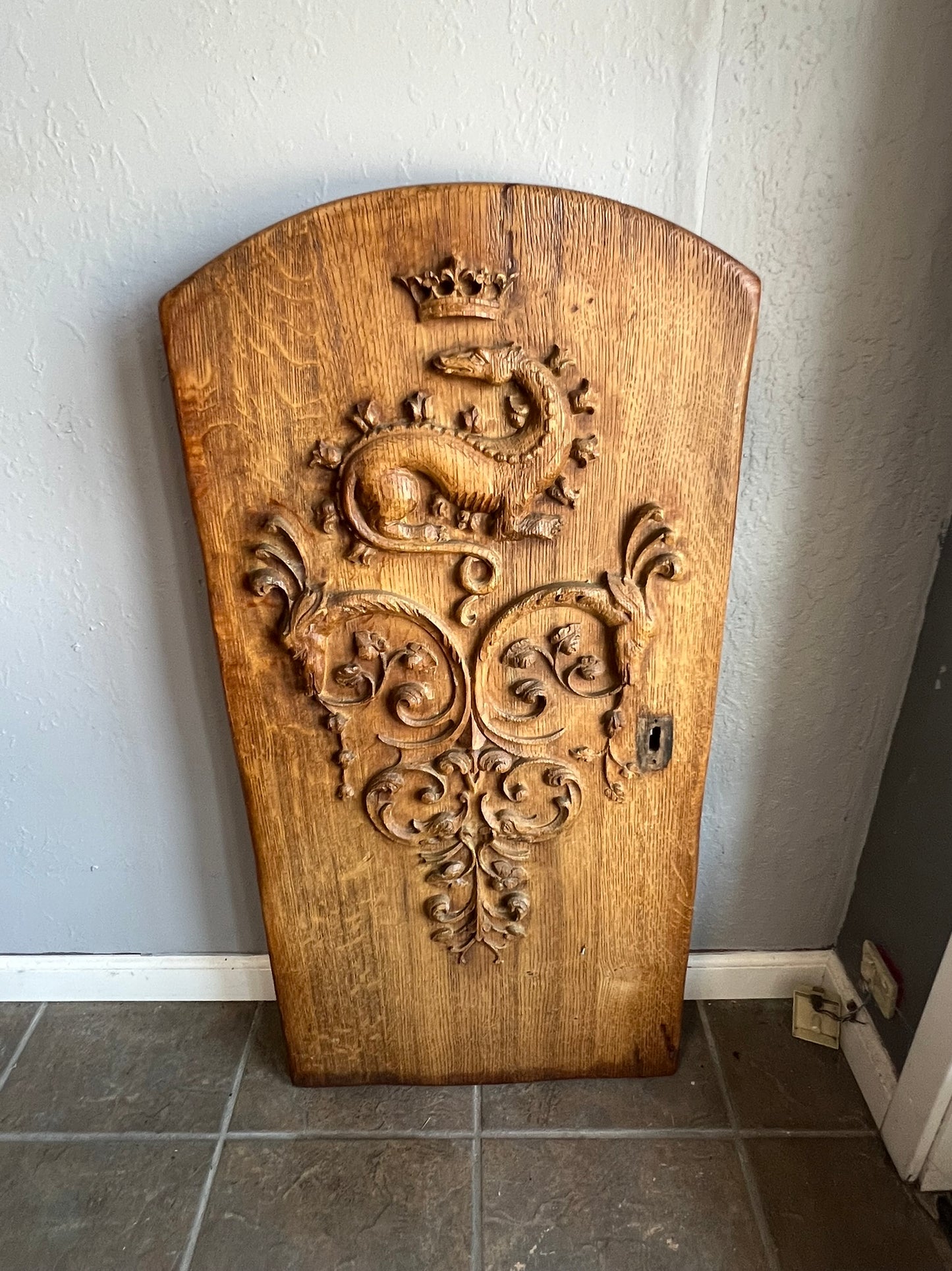 Antique French Oak Window Shutter with Dragon Crest Carving, 19th Century