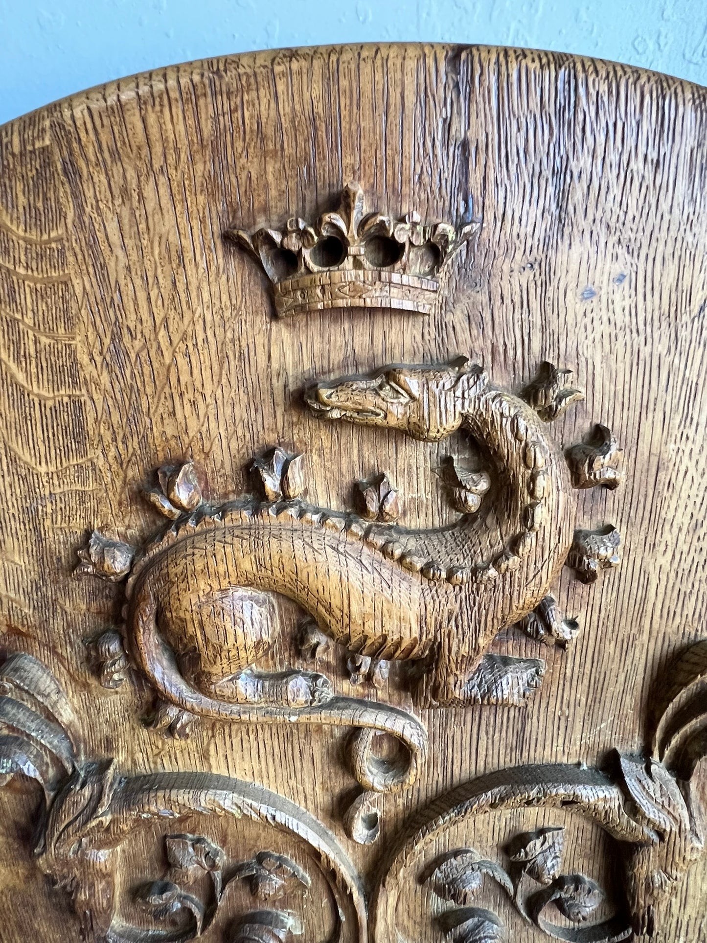 Antique French Oak Window Shutter with Dragon Crest Carving, 19th Century