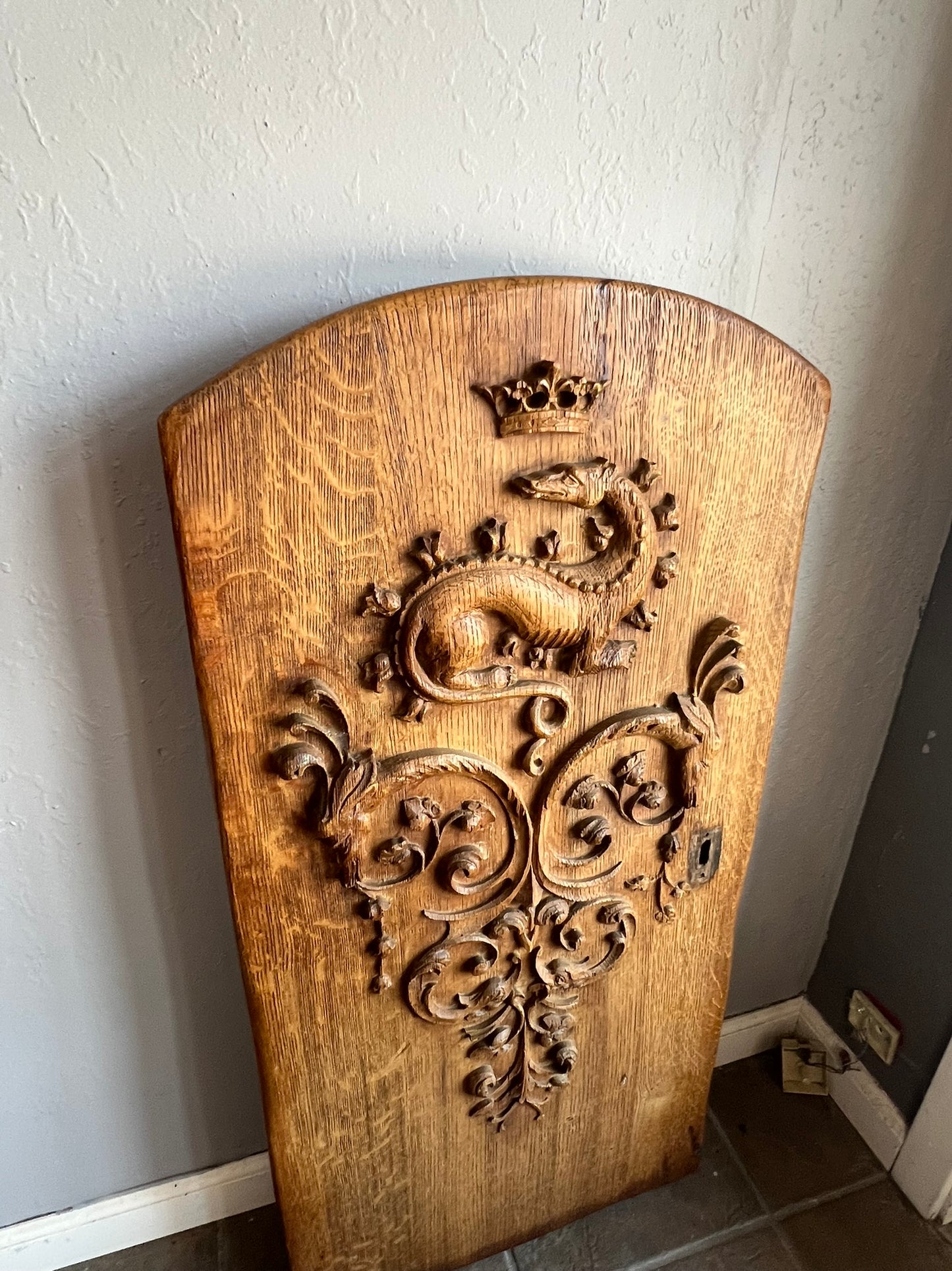 Antique French Oak Window Shutter with Dragon Crest Carving, 19th Century
