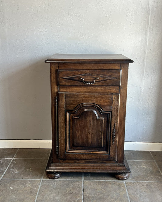 Vintage French Dark Oak Nightstand – Provence Style Bedside Table