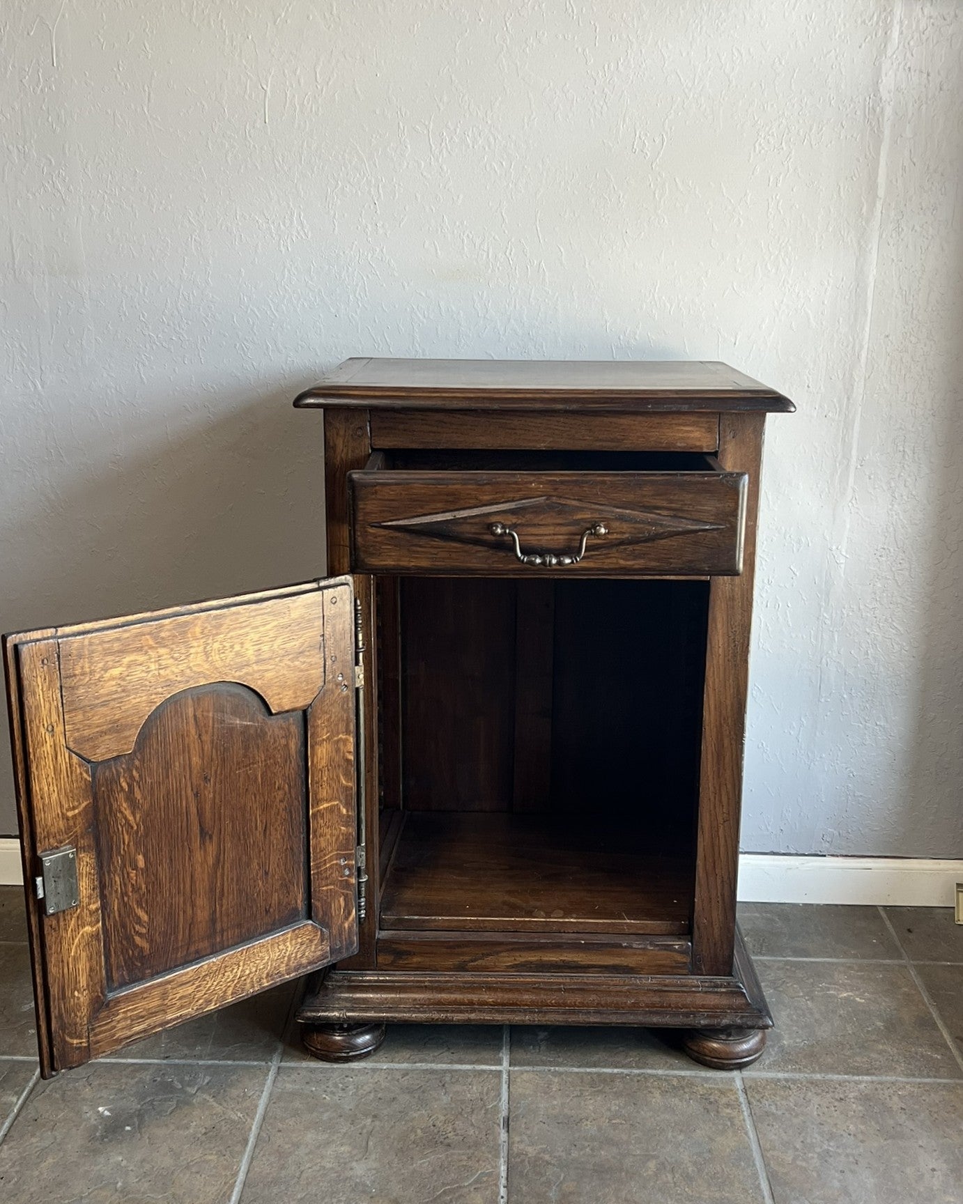 Vintage French Dark Oak Nightstand – Provence Style Bedside Table