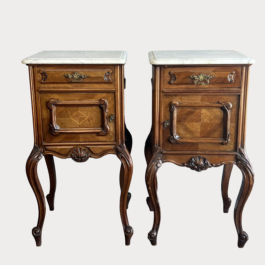 Antique French Louis XV Walnut Nightstands with White Marble Tops – Pair