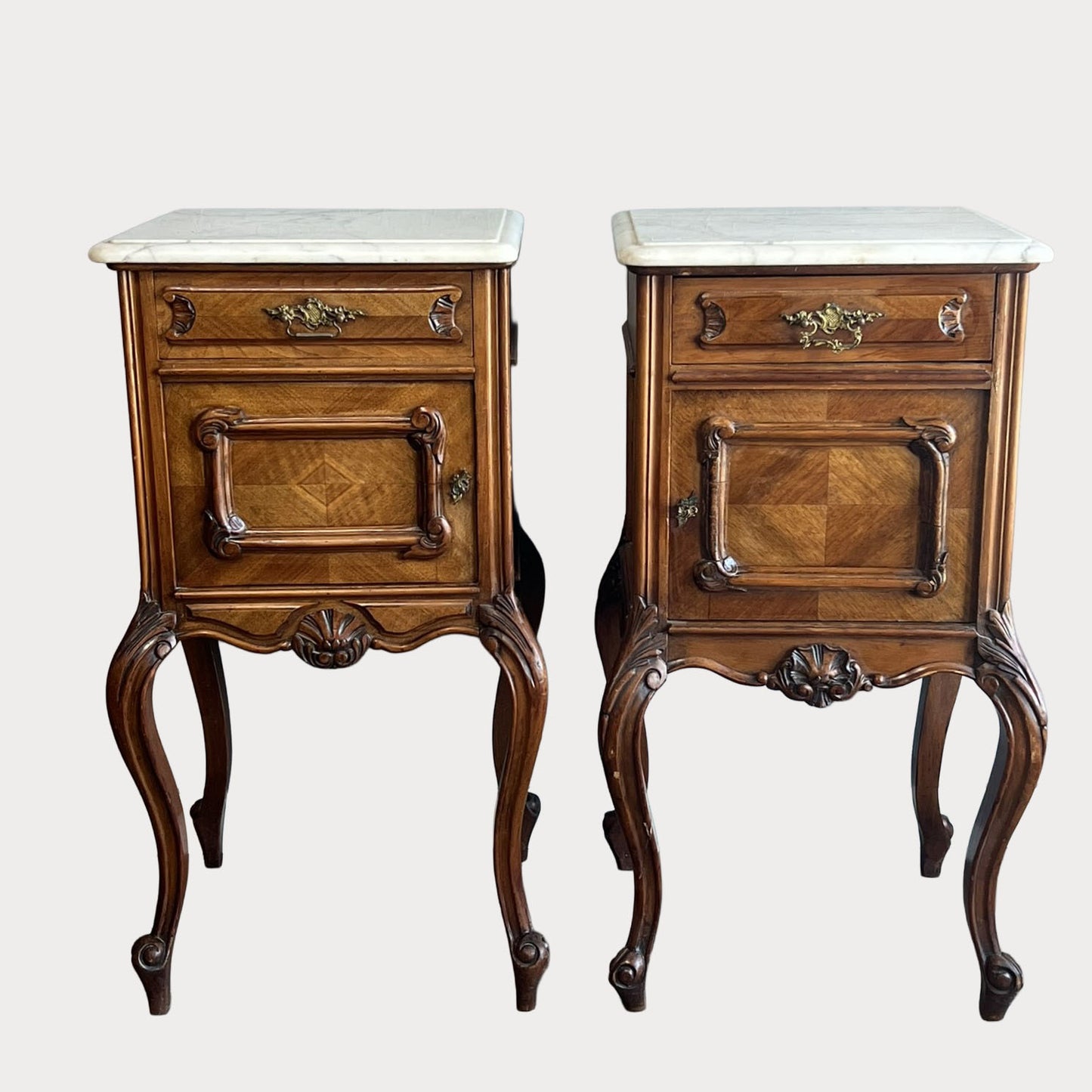 Pair of Antique French Louis XV Walnut Nightstands with White Marble Tops