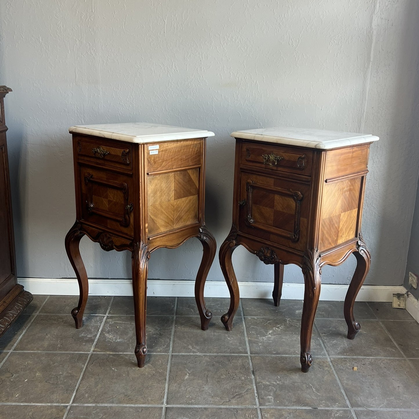 Antique French Louis XV Walnut Nightstands with White Marble Tops – Pair