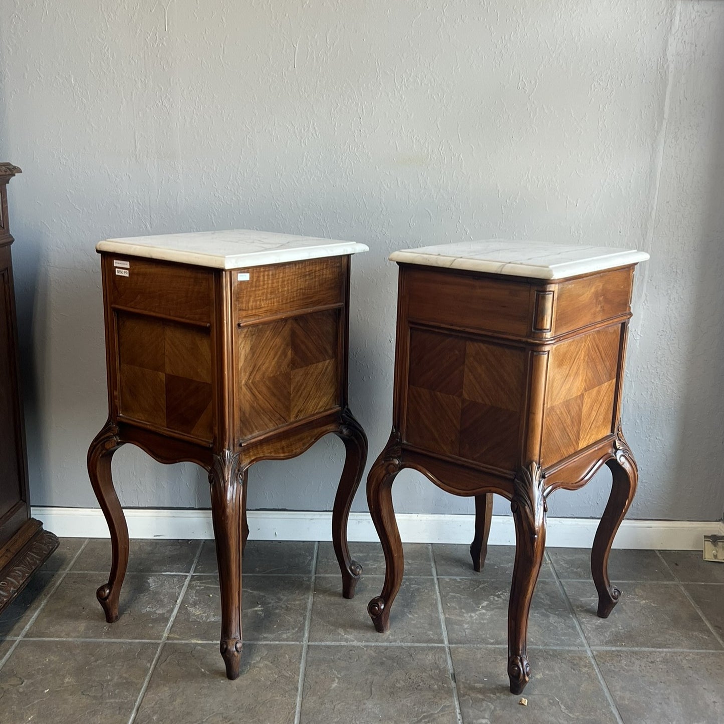 Antique French Louis XV Walnut Nightstands with White Marble Tops – Pair
