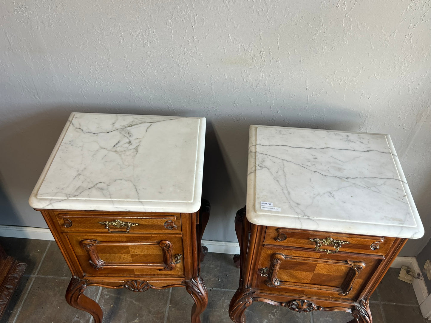 Antique French Louis XV Walnut Nightstands with White Marble Tops – Pair