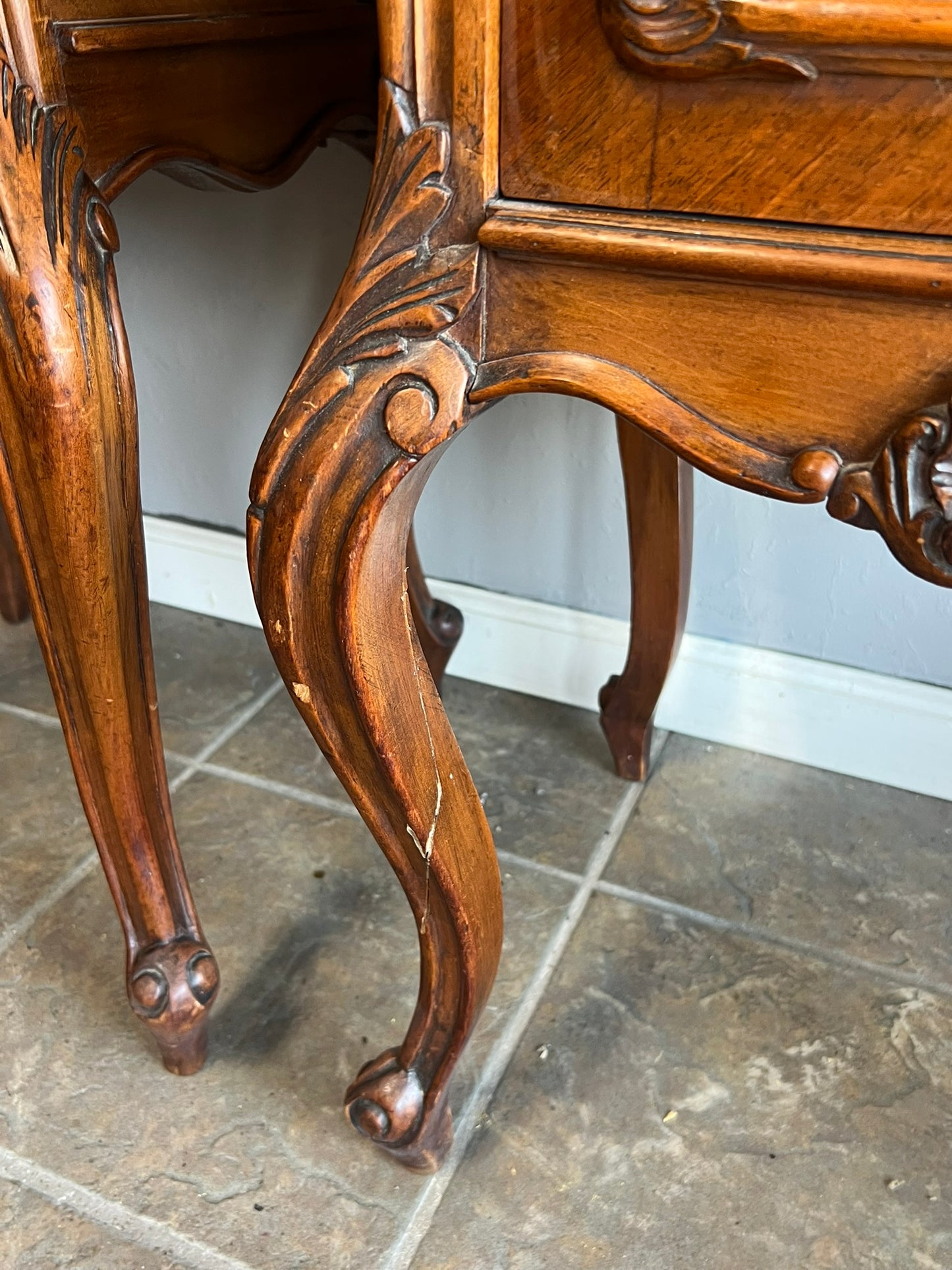 Antique French Louis XV Walnut Nightstands with White Marble Tops – Pair
