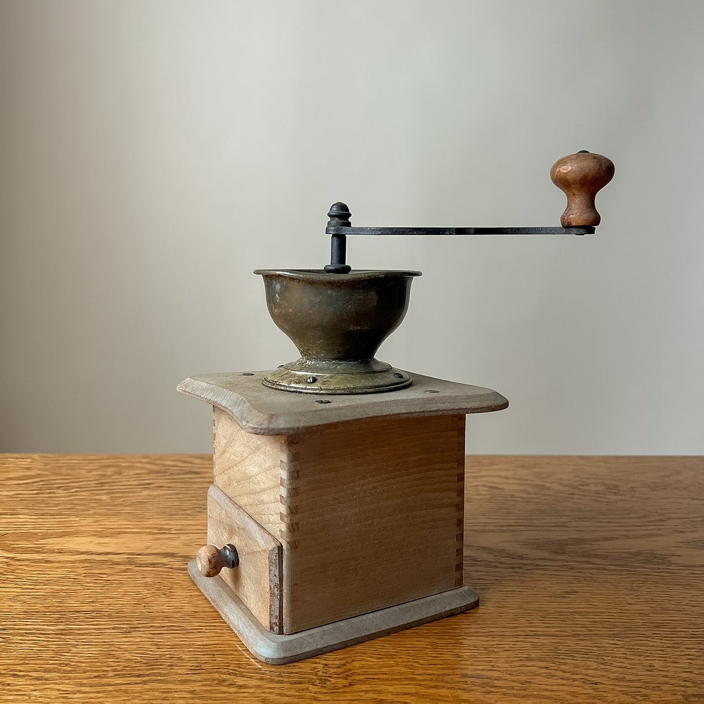 Vintage European Wooden Hand-Crank Coffee Grinder