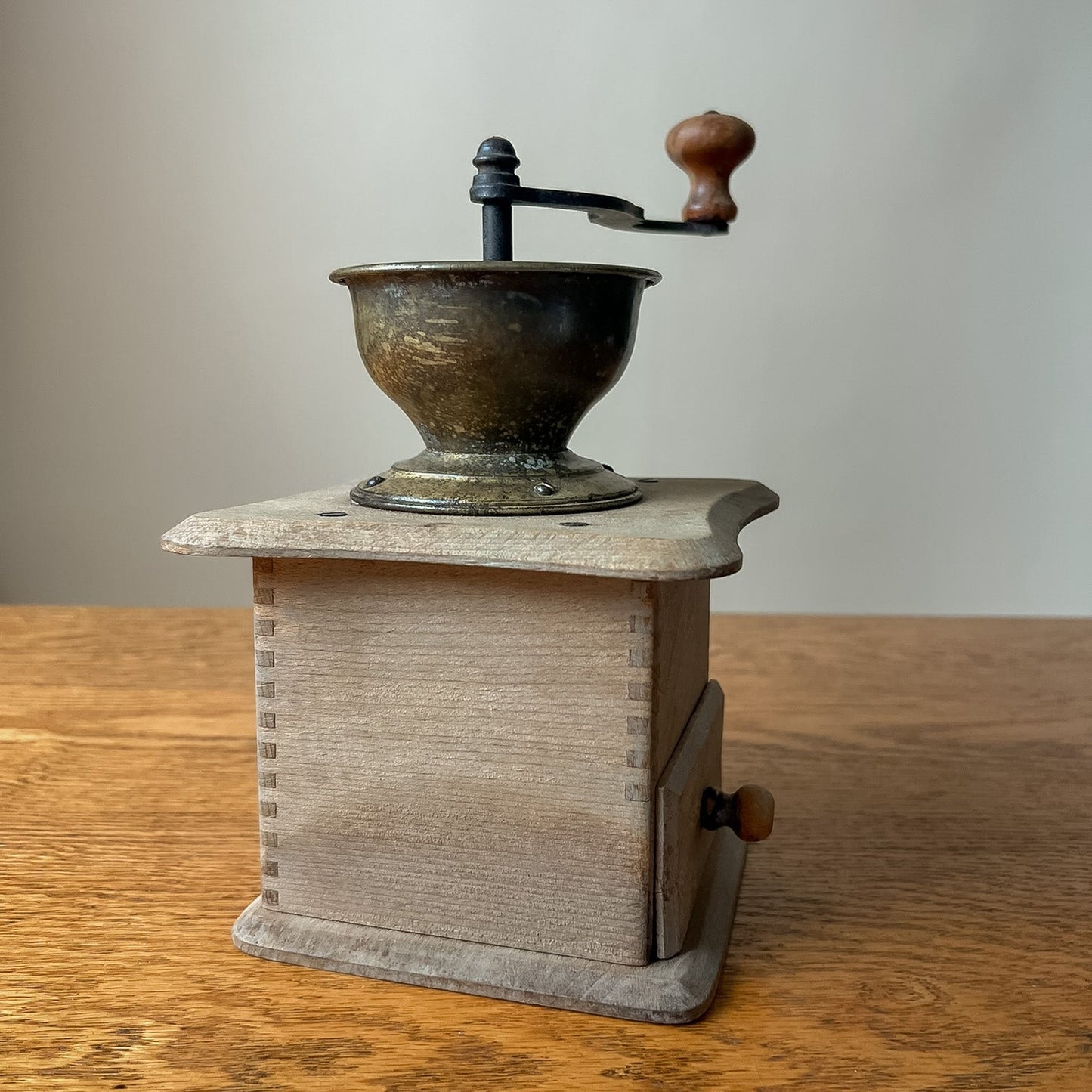 Vintage European Wooden Hand-Crank Coffee Grinder