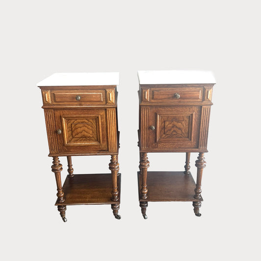 Antique French Oak Nightstands with White Marble Tops – Pair, c.1900