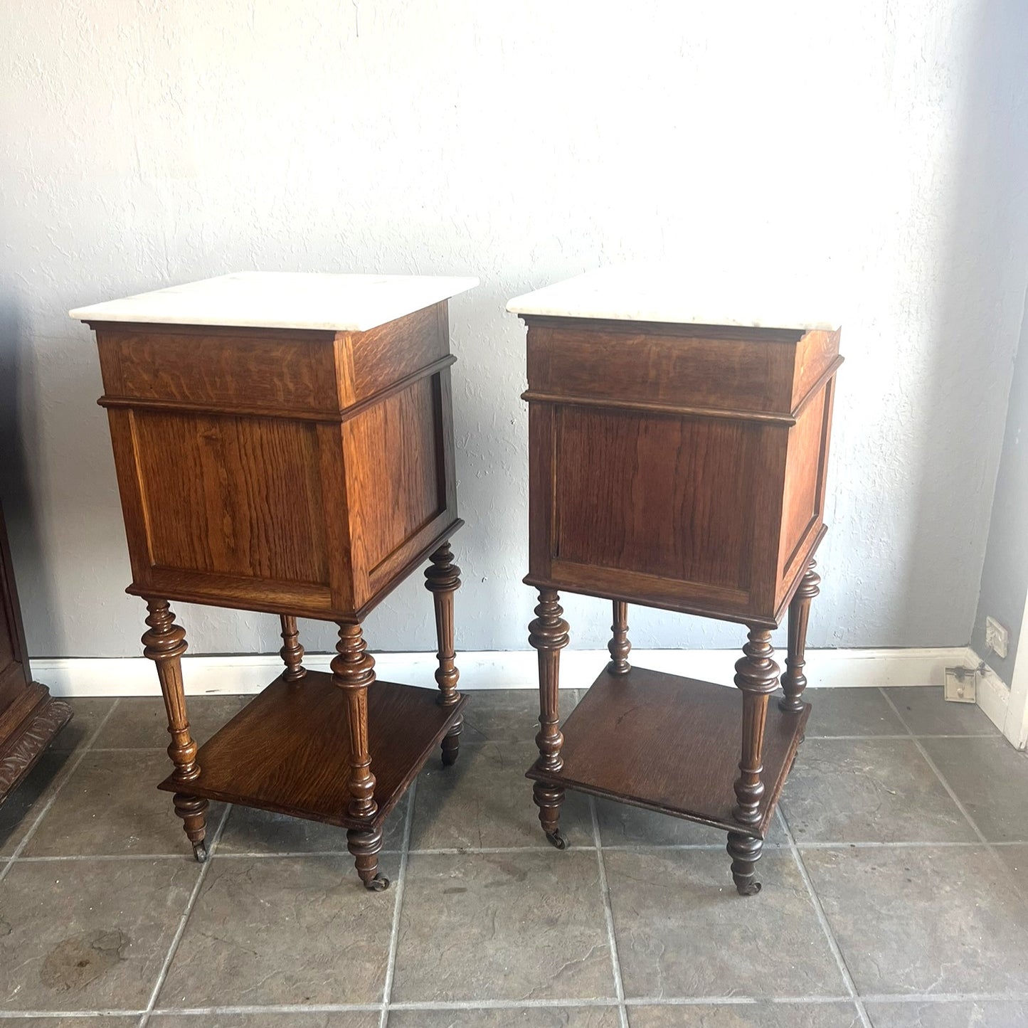 Antique French Oak Nightstands with White Marble Tops – Pair, c.1900